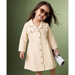 Babyhug 100% Cotton Woven Shirt Dress with Full Sleeves - Beige