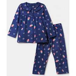 Babyhug 100% Cotton Knit Full Sleeves Co-Ords Top & Pyjama Night Suit with Floral & Carrot Print - Navy Blue