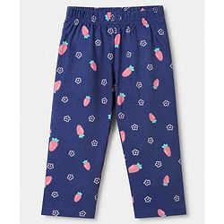 Babyhug 100% Cotton Knit Full Sleeves Co-Ords Top & Pyjama Night Suit with Floral & Carrot Print - Navy Blue