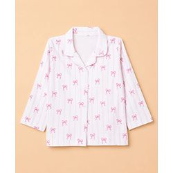 Babyhug 100% Cotton Knit Full Sleeves Striped Co-Ords Shirt & Pyjama Night Suit with Bow Print - White