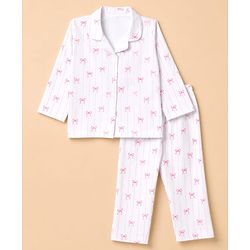 Babyhug 100% Cotton Knit Full Sleeves Striped Co-Ords Shirt & Pyjama Night Suit with Bow Print - White