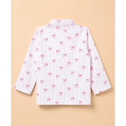 Babyhug 100% Cotton Knit Full Sleeves Striped Co-Ords Shirt & Pyjama Night Suit with Bow Print - White