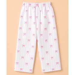 Babyhug 100% Cotton Knit Full Sleeves Striped Co-Ords Shirt & Pyjama Night Suit with Bow Print - White