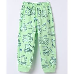 Babyhug 100% Cotton Knit Full Sleeves Co-Ords T-Shirt & Pyjama Night Suit with Construction Vehicle Print - Sea Green