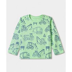 Babyhug 100% Cotton Knit Full Sleeves Co-Ords T-Shirt & Pyjama Night Suit with Construction Vehicle Print - Sea Green