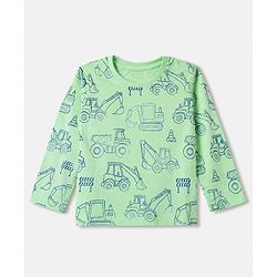 Babyhug 100% Cotton Knit Full Sleeves Co-Ords T-Shirt & Pyjama Night Suit with Construction Vehicle Print - Sea Green
