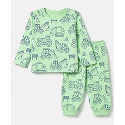 Babyhug 100% Cotton Knit Full Sleeves Co-Ords T-Shirt & Pyjama Night Suit with Construction Vehicle Print - Sea Green