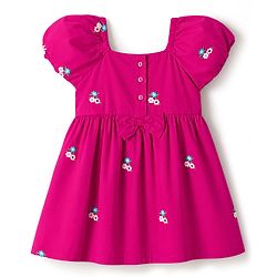 Babyhug Cotton Woven Dress with Half Sleeves and Floral Embroidery - Fuchsia