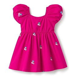 Babyhug Cotton Woven Dress with Half Sleeves and Floral Embroidery - Fuchsia