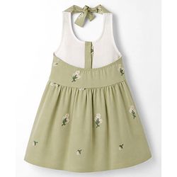 Babyhug 100% Cotton Woven One Piece Dress with Sleeveless and Floral Embroidery in Green for 9-12 Months