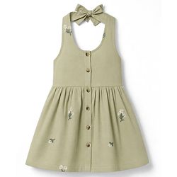 Babyhug 100% Cotton Woven One Piece Dress with Sleeveless and Floral Embroidery in Green for 9-12 Months
