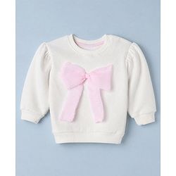 Babyhug Heavy Gauge Warm Cotton Fleece Knit Sweatshirt with Full Sleeves & Bow Applique - White