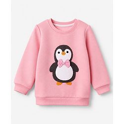 Babyhug Heavy Gauge Fleece Knit Full Sleeves Sweatshirt With Penguin Print - Baby Pink