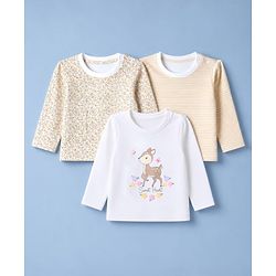 Babyhug 100% Cotton Interlock Knit Full Sleeves T-Shirts with Stripes Floral & Deer Print Pack of 3 - White & Cream
