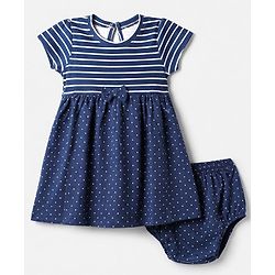 Babyhug Single Jersey Knit Frock and Bloomer with Half Sleeves and Polka Dots Print - Navy Blue