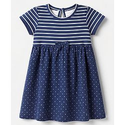 Babyhug Single Jersey Knit Frock and Bloomer with Half Sleeves and Polka Dots Print - Navy Blue