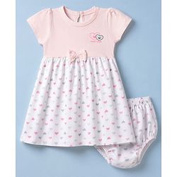 Babyhug Single Jersey Knit Half Sleeves Frock with Bloomer and Heart Print - White