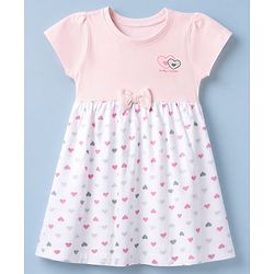 Babyhug Single Jersey Knit Half Sleeves Frock with Bloomer and Heart Print - White