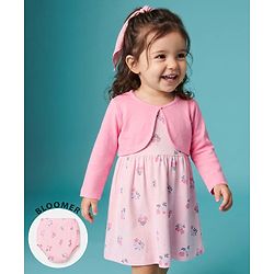 Babyhug Single Jersey Knit Full Sleeves Frock and Bloomer with Floral Print - Pink