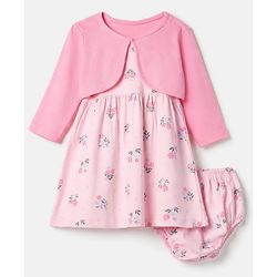 Babyhug Single Jersey Knit Full Sleeves Frock and Bloomer with Floral Print - Pink