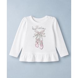 Babyhug 100% Cotton Knit T-Shirts with Full Sleeves and Frill Details with Ballerinas Sequins - White