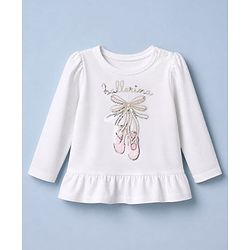 Babyhug 100% Cotton Knit T-Shirts with Full Sleeves and Frill Details with Ballerinas Sequins - White