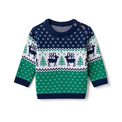 Babyhug 100% Cotton Knit Full Sleeves Deer Design Sweater Set with Cap - Navy Blue