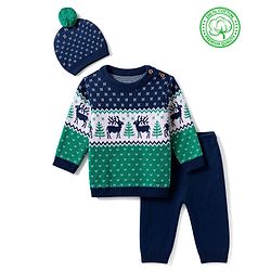 Babyhug 100% Cotton Knit Full Sleeves Deer Design Sweater Set with Cap - Navy Blue