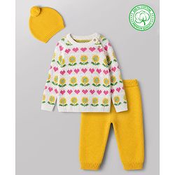 Babyhug Cotton Natural Knit Full Sleeves Pullover & Pant Sweater Set and Cap with Pom Pom with Sunflower Hearts All Over Design - White, Yellow