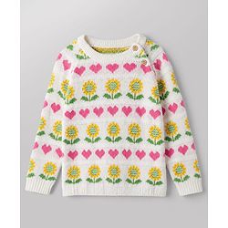 Babyhug Cotton Natural Knit Full Sleeves Pullover & Pant Sweater Set and Cap with Pom Pom with Sunflower Hearts All Over Design - White, Yellow
