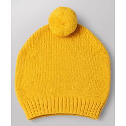 Babyhug Cotton Natural Knit Full Sleeves Pullover & Pant Sweater Set and Cap with Pom Pom with Sunflower Hearts All Over Design - White, Yellow