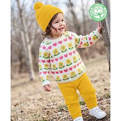 Babyhug Cotton Natural Knit Full Sleeves Pullover & Pant Sweater Set and Cap with Pom Pom with Sunflower Hearts All Over Design - White, Yellow