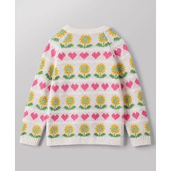 Babyhug Cotton Natural Knit Full Sleeves Pullover & Pant Sweater Set and Cap with Pom Pom with Sunflower Hearts All Over Design - White, Yellow