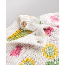 Babyhug Cotton Natural Knit Full Sleeves Pullover & Pant Sweater Set and Cap with Pom Pom with Sunflower Hearts All Over Design - White, Yellow