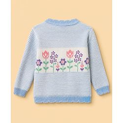 Babyhug Knit Full Sleeves Sweater Set With Floral Design & Cap - Blue