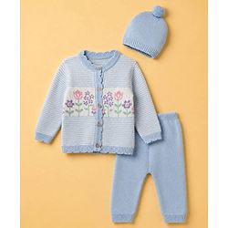 Babyhug Knit Full Sleeves Sweater Set With Floral Design & Cap - Blue