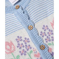 Babyhug Knit Full Sleeves Sweater Set With Floral Design & Cap - Blue