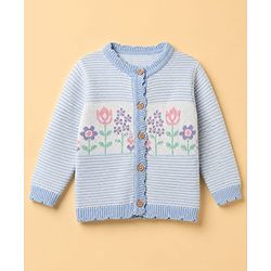 Babyhug Knit Full Sleeves Sweater Set With Floral Design & Cap - Blue