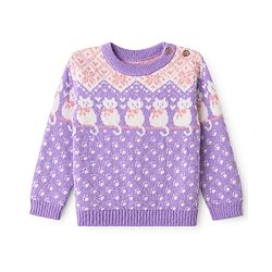 Babyhug 100% Cotton Knit Full Sleeves Sweater Sets and Cap with Cat Design - Lavender