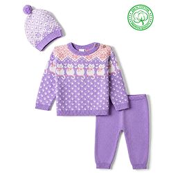 Babyhug 100% Cotton Knit Full Sleeves Sweater Sets and Cap with Cat Design - Lavender