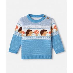 Babyhug Cotton Knit Full Sleeves Sweater Set with Cap & Hedgehog Design in Blue