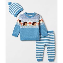 Babyhug Cotton Knit Full Sleeves Sweater Set with Cap & Hedgehog Design in Blue