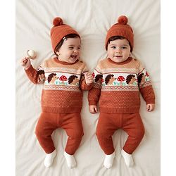 Babyhug Cotton Knit Sweater Set with Cap and Full Sleeves with Hedgehog Mushroom Cable Knit Design - Light Brown