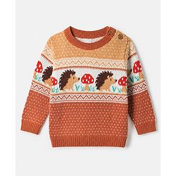 Babyhug Cotton Knit Sweater Set with Cap and Full Sleeves with Hedgehog Mushroom Cable Knit Design - Light Brown