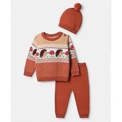 Babyhug Cotton Knit Sweater Set with Cap and Full Sleeves with Hedgehog Mushroom Cable Knit Design - Light Brown