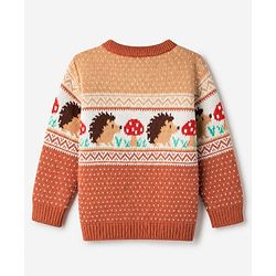 Babyhug Cotton Knit Sweater Set with Cap and Full Sleeves with Hedgehog Mushroom Cable Knit Design - Light Brown