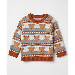 Babyhug Cotton Knit Full Sleeves Sweater Pants and Cap with Bear Design in Sky Blue & Light Brown