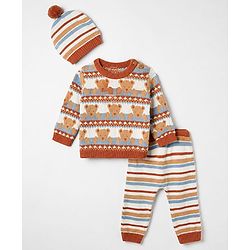 Babyhug Cotton Knit Full Sleeves Sweater Pants and Cap with Bear Design in Sky Blue & Light Brown