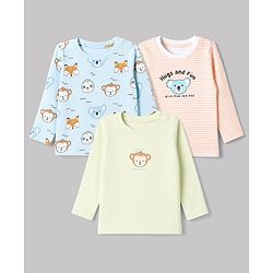 Babyhug 100% Cotton Interlock Knit Full Sleeves T-Shirts with Fox, Monkey & Koala Print in Sky Blue, Light Pink & Offwhite