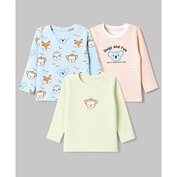Babyhug 100% Cotton Interlock Knit Full Sleeves T-Shirts with Fox, Monkey & Koala Print in Sky Blue, Light Pink & Offwhite